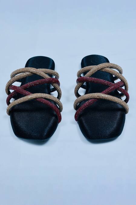 Sana K luxurious Footwear Black Spring Rhinestone Strap Studded Flats Online at Aza Fashions Sana K luxurious Footwear_Black Spring Rhinestone Strap Studded Flats _Online_at_Aza_Fashions