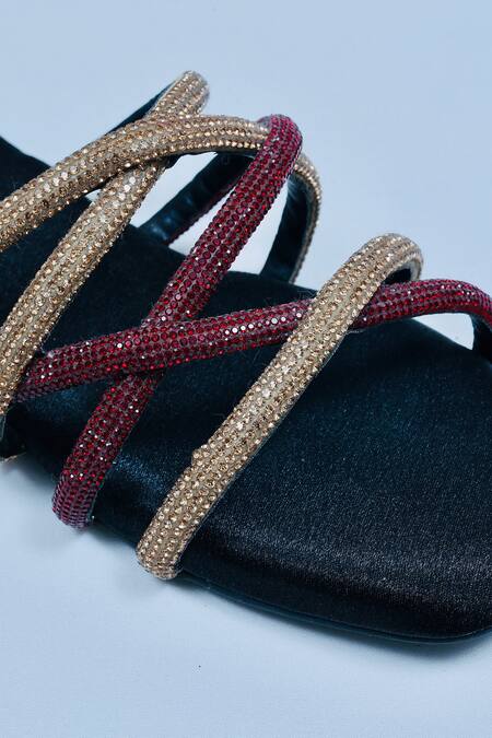 Shop Sana K luxurious Footwear Black Spring Rhinestone Strap Studded Flats Online at Aza Fashions Shop_Sana K luxurious Footwear_Black Spring Rhinestone Strap Studded Flats _Online_at_Aza_Fashions