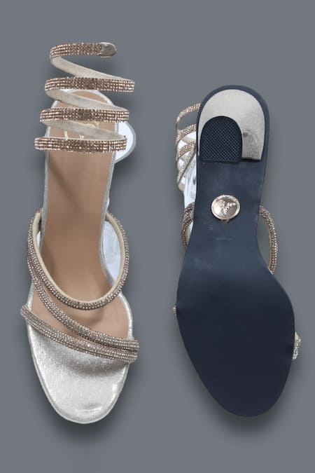 Shop Sana K luxurious Footwear Gold Rhinestones Embellished Heels at Aza Fashions Shop_Sana K luxurious Footwear_Gold Rhinestones Embellished Heels _at_Aza_Fashions