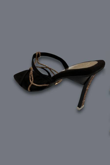 Shop_Sana K luxurious Footwear_Black Diamonds Strap Studded Knotted Heels _Online_at_Aza_Fashions