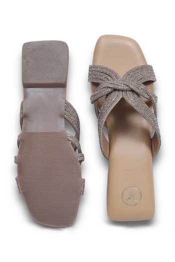 Shop Sana K luxurious Footwear Beige Twister Rhinestone Strap Studded Flats at Aza Fashions Shop_Sana K luxurious Footwear_Beige Twister Rhinestone Strap Studded Flats _at_Aza_Fashions