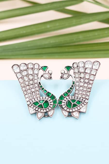 Sangeeta Boochra Green Kundan Peacock Shaped Earrings 