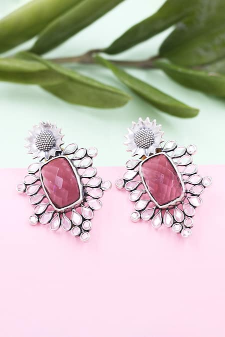 Sangeeta Boochra Pink Stone Floral Shaped Earrings 