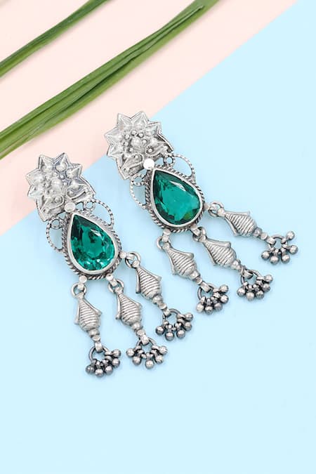 Sangeeta Boochra Green Gemstone Tear Drop Shaped Danglers 