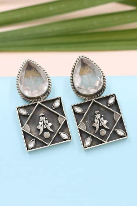 Sangeeta Boochra Silver Plated Gemstone Geometric Carved Earrings 