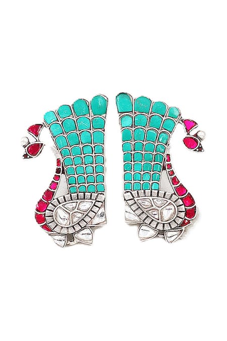 Sangeeta Boochra_Green Stones Peacock Carved Earrings _Online_at_Aza_Fashions
