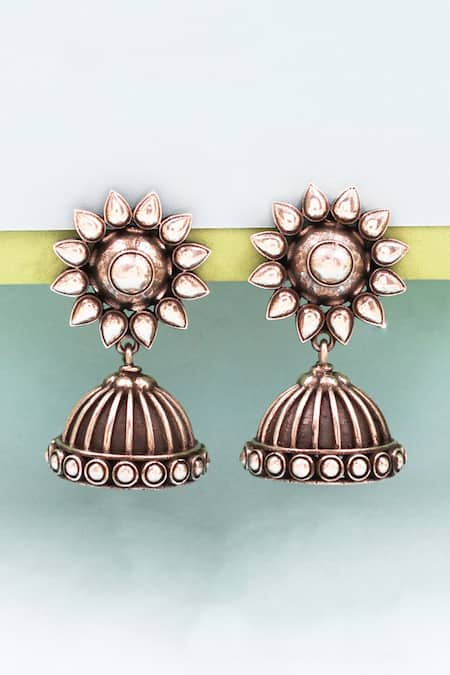 Sangeeta Boochra Silver Plated Floral Carved Jhumkas 