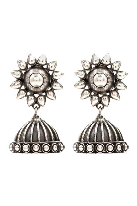 Sangeeta Boochra_Silver Plated Floral Carved Jhumkas _Online_at_Aza_Fashions