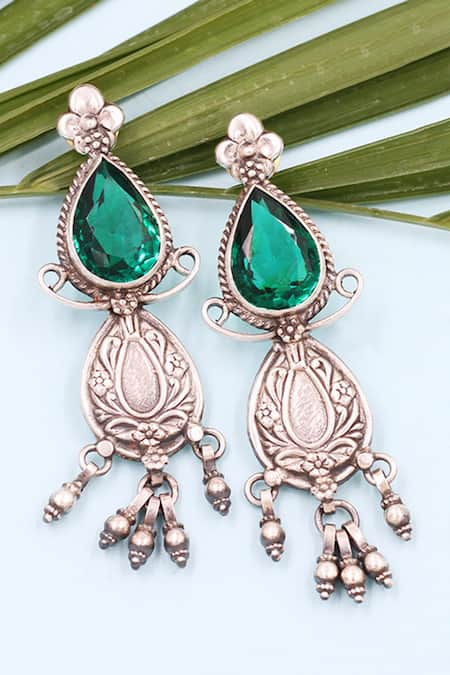 Sangeeta Boochra Green Gemstone Tear Drop Carved Earrings 