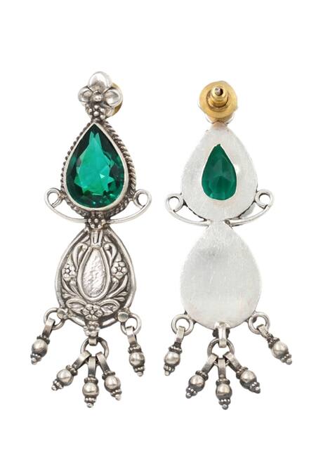 Shop Sangeeta Boochra Green Gota Patti Tear Drop Carved Earrings at Aza Fashions Shop_Sangeeta Boochra_Green Gota Patti Tear Drop Carved Earrings _at_Aza_Fashions