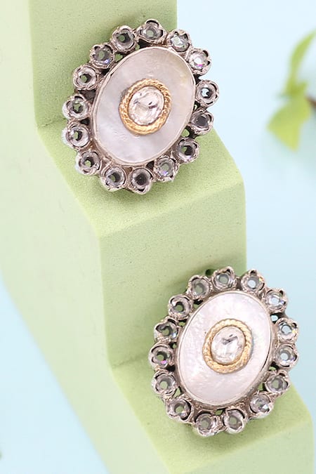 Sangeeta Boochra White Stone Oval Shaped Earrings 