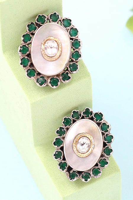 Sangeeta Boochra Green Stone Hydro Embellished Stud Earrings 