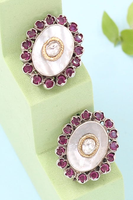 Sangeeta Boochra Purple Stone Oval Shaped Earrings 