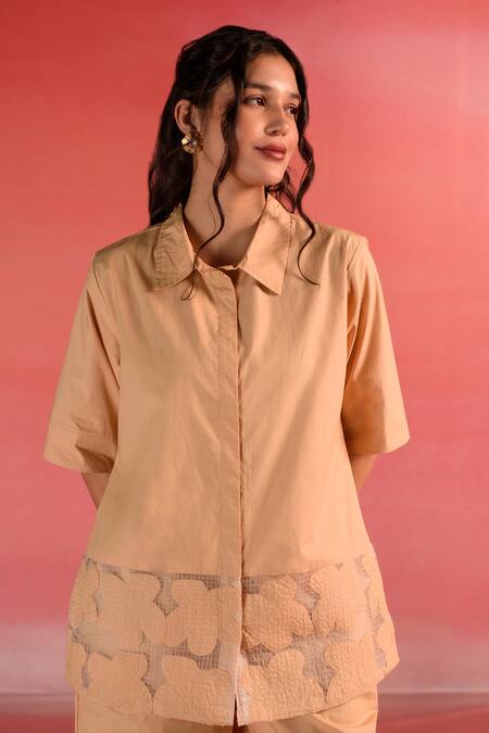 Shop_Kameez_Peach Poplin Embroidery Floral Patchwork Collar Melon Muse Shirt And Pant Set_Online_at_Aza_Fashions