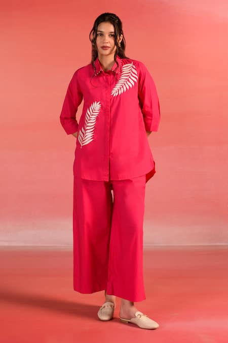 Kameez Pink Poplin Embroidery French Knots Collar Sunset Charm Leaf Shirt And Pant Set 