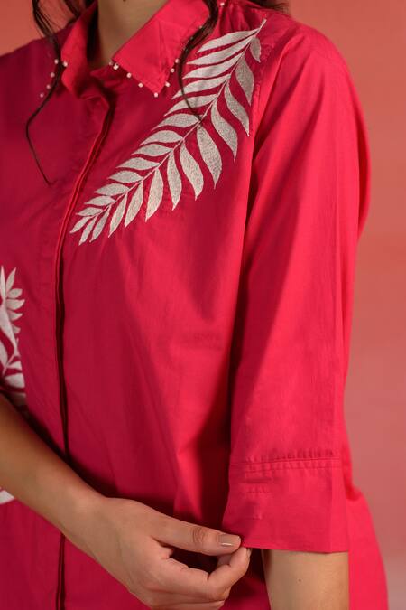 Buy_Kameez_Pink Poplin Embroidery French Knots Collar Sunset Charm Leaf Shirt And Pant Set_Online_at_Aza_Fashions