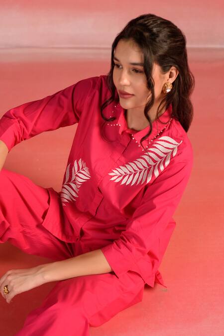 Shop_Kameez_Pink Poplin Embroidery French Knots Collar Sunset Charm Leaf Shirt And Pant Set_Online_at_Aza_Fashions