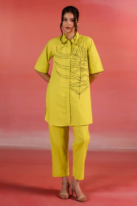 Kameez Yellow Poplin Embroidery Thread Collar Sunlit Floral Shirt And Pant Set 