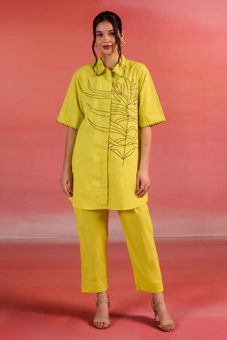 Kameez_Yellow Poplin, Cotton Embroidery Collared Sunlit Floral Shirt And Pant Set_Online_at_Aza_Fashions