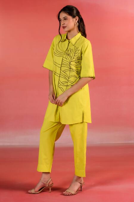 Shop_Kameez_Yellow Poplin, Cotton Embroidery Collared Sunlit Floral Shirt And Pant Set_Online_at_Aza_Fashions