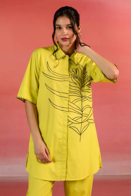 Kameez_Yellow Poplin, Cotton Embroidery Collared Sunlit Floral Shirt And Pant Set_at_Aza_Fashions