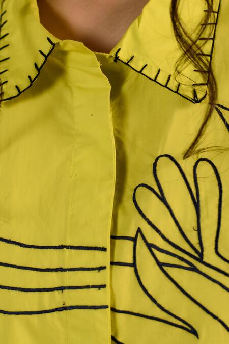 Buy_Kameez_Yellow Poplin, Cotton Embroidery Collared Sunlit Floral Shirt And Pant Set