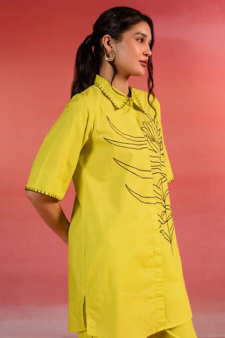Shop_Kameez_Yellow Poplin, Cotton Embroidery Collared Sunlit Floral Shirt And Pant Set