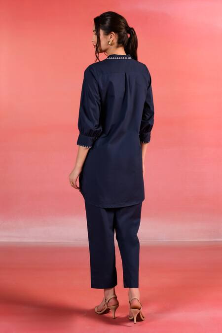 Shop Kameez Blue Poplin Embroidery Thread Collar Bloom Shirt And Pant Set at Aza Fashions Shop_Kameez_Blue Poplin Embroidery Thread Collar Bloom Shirt And Pant Set_at_Aza_Fashions