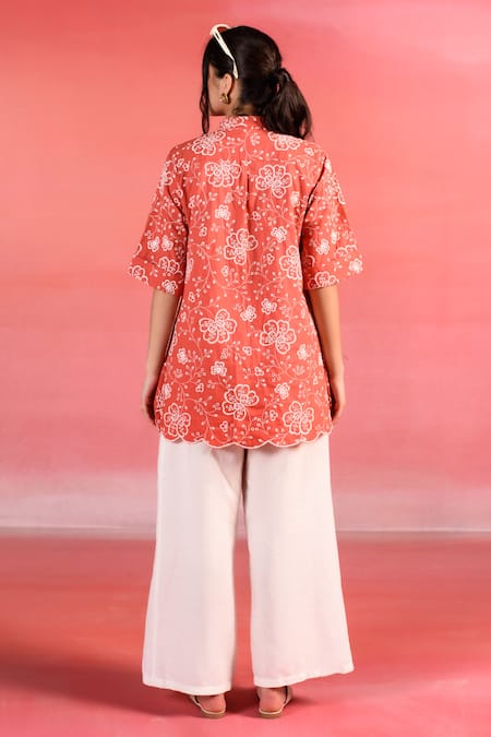 Shop_Kameez_Orange Poplin Embroidery Thread Collar Floral Shirt_at_Aza_Fashions