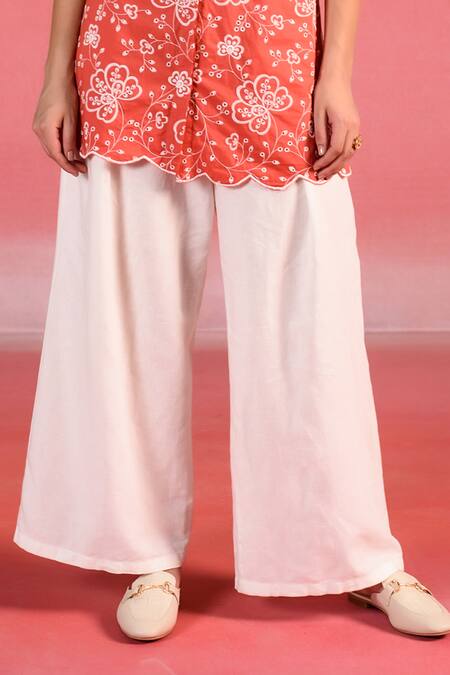 Kameez_Orange Poplin Embroidery Thread Collar Floral Shirt_Online_at_Aza_Fashions