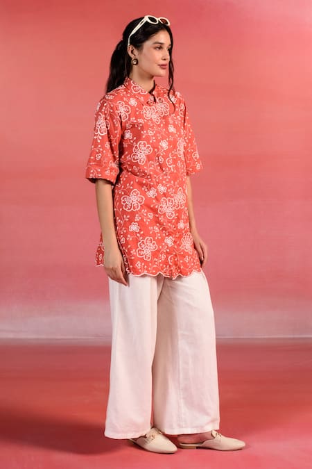 Buy_Kameez_Orange Poplin Embroidery Thread Collar Floral Shirt_Online_at_Aza_Fashions