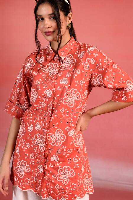 Shop_Kameez_Orange Poplin Embroidery Thread Collar Floral Shirt_Online_at_Aza_Fashions