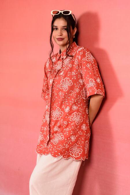 Kameez_Orange Poplin Embroidery Thread Collar Floral Shirt_at_Aza_Fashions