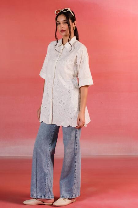 Shop Kameez Pink Poplin Embroidery Thread Collar Moonlit Floral Cutwork Shirt at Aza Fashions Shop_Kameez_Pink Poplin Embroidery Thread Collar Moonlit Floral Cutwork Shirt_at_Aza_Fashions