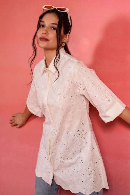 Shop Kameez Pink Poplin Embroidery Thread Collar Moonlit Floral Cutwork Shirt Online at Aza Fashions Shop_Kameez_Pink Poplin Embroidery Thread Collar Moonlit Floral Cutwork Shirt_Online_at_Aza_Fashions