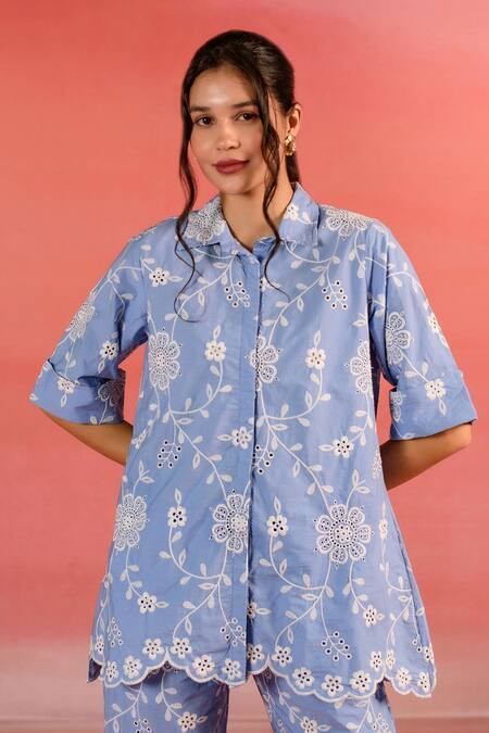 Shop Kameez Blue Poplin Embroidery Thread Collar Serene Floral Shirt at Aza Fashions Shop_Kameez_Blue Poplin Embroidery Thread Collar Serene Floral Shirt_at_Aza_Fashions