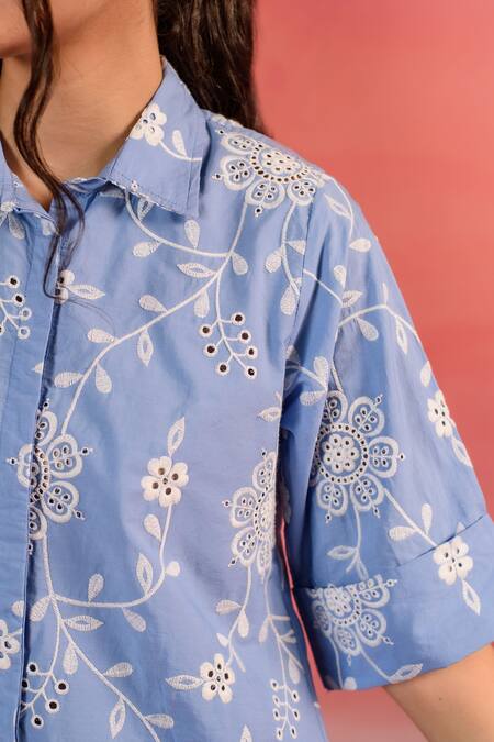 Kameez Blue Poplin Embroidery Thread Collar Serene Floral Shirt Online at Aza Fashions Kameez_Blue Poplin Embroidery Thread Collar Serene Floral Shirt_Online_at_Aza_Fashions