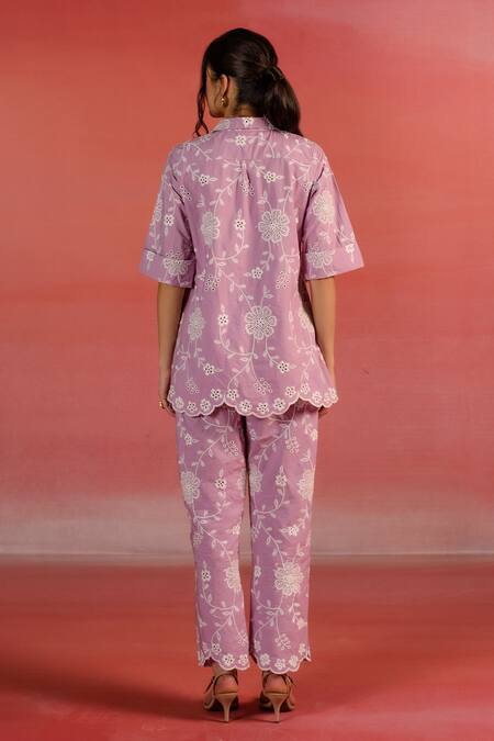 Shop Kameez Purple Poplin Embroidery Thread Collar Garden Floral Shirt at Aza Fashions Shop_Kameez_Purple Poplin Embroidery Thread Collar Garden Floral Shirt_at_Aza_Fashions