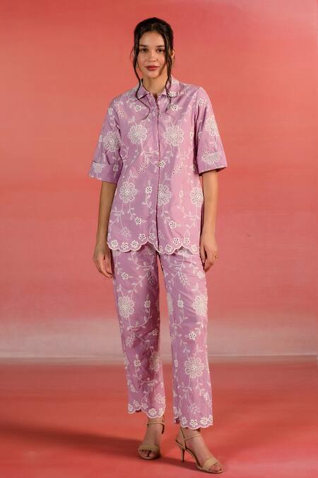 Kameez Purple Poplin Embroidery Thread Collar Garden Floral Shirt Online at Aza Fashions Kameez_Purple Poplin Embroidery Thread Collar Garden Floral Shirt_Online_at_Aza_Fashions