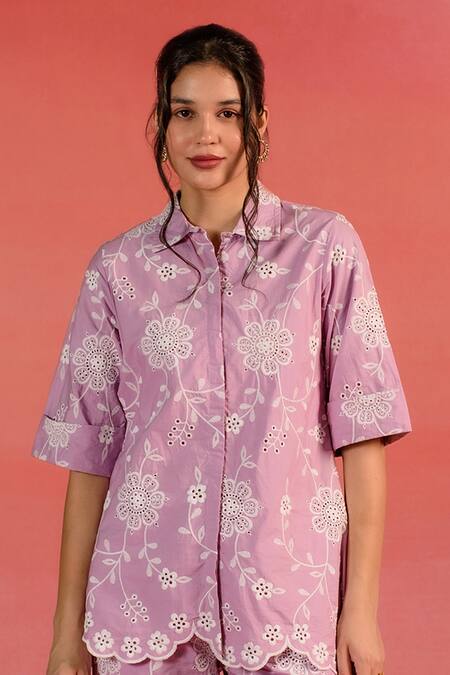 Shop Kameez Purple Poplin Embroidery Thread Collar Garden Floral Shirt Online at Aza Fashions Shop_Kameez_Purple Poplin Embroidery Thread Collar Garden Floral Shirt_Online_at_Aza_Fashions
