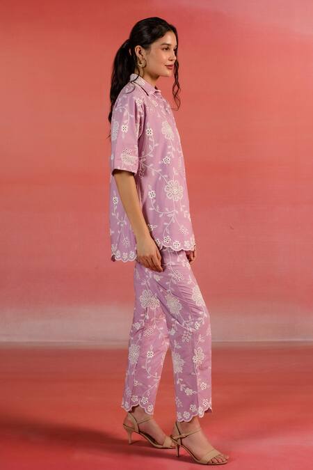 Kameez Purple Poplin Embroidery Thread Collar Garden Floral Shirt at Aza Fashions Kameez_Purple Poplin Embroidery Thread Collar Garden Floral Shirt_at_Aza_Fashions