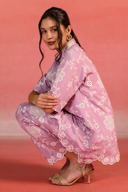 Buy Kameez Purple Poplin Embroidery Thread Collar Garden Floral Shirt Buy_Kameez_Purple Poplin Embroidery Thread Collar Garden Floral Shirt