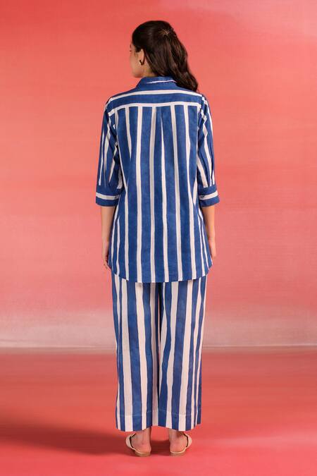 Shop Kameez Blue Cotton Printed Stripe Collar Marine Shirt And Pant Set at Aza Fashions Shop_Kameez_Blue Cotton Printed Stripe Collar Marine Shirt And Pant Set_at_Aza_Fashions