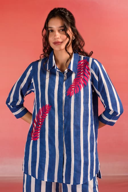 Kameez Blue Cotton Printed Stripe Collar Marine Shirt And Pant Set Online at Aza Fashions Kameez_Blue Cotton Printed Stripe Collar Marine Shirt And Pant Set_Online_at_Aza_Fashions