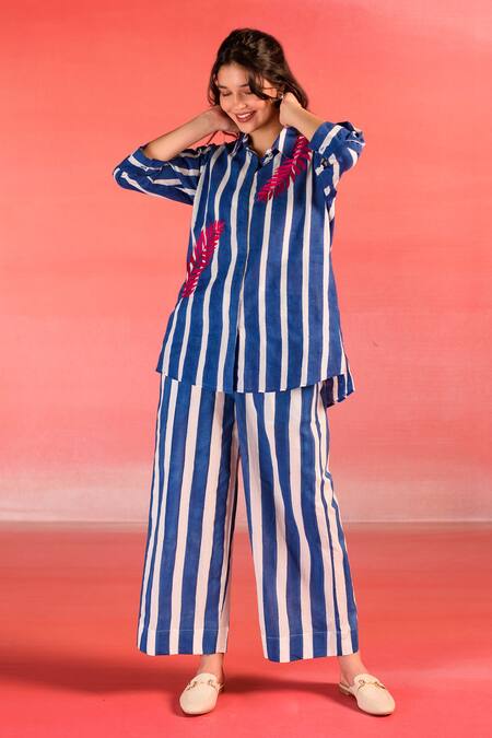 Buy Kameez Blue Cotton Printed Stripe Collar Marine Shirt And Pant Set Online at Aza Fashions Buy_Kameez_Blue Cotton Printed Stripe Collar Marine Shirt And Pant Set_Online_at_Aza_Fashions