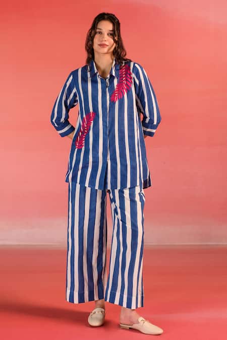 Shop Kameez Blue Cotton Printed Stripe Collar Marine Shirt And Pant Set Online at Aza Fashions Shop_Kameez_Blue Cotton Printed Stripe Collar Marine Shirt And Pant Set_Online_at_Aza_Fashions