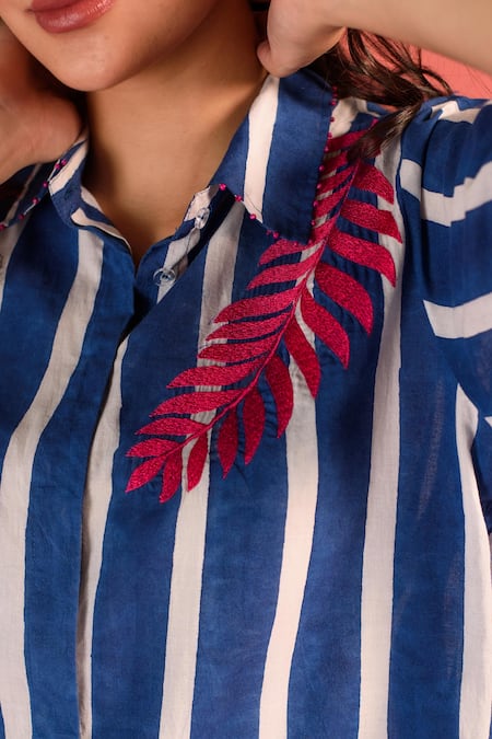 Kameez Blue Cotton Printed Stripe Collar Marine Shirt And Pant Set at Aza Fashions Kameez_Blue Cotton Printed Stripe Collar Marine Shirt And Pant Set_at_Aza_Fashions