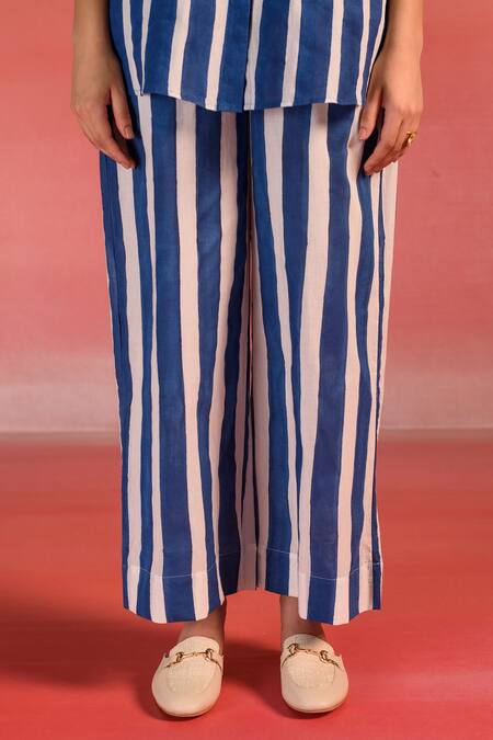 Shop Kameez Blue Cotton Printed Stripe Collar Marine Shirt And Pant Set Shop_Kameez_Blue Cotton Printed Stripe Collar Marine Shirt And Pant Set