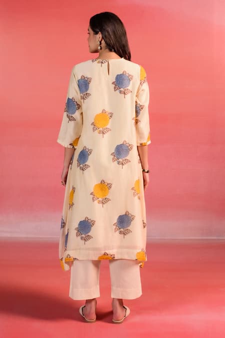 Shop Kameez Beige Chanderi, Cotton Embroidery Round Sandstone Floral Print Kurta And Pant Set at Aza Fashions Shop_Kameez_Beige Chanderi, Cotton Embroidery Round Sandstone Floral Print Kurta And Pant Set_at_Aza_Fashions