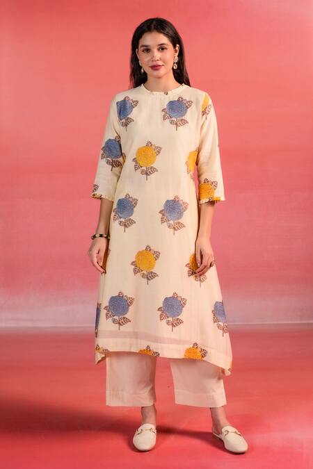 Kameez Beige Chanderi, Cotton Embroidery Round Sandstone Floral Print Kurta And Pant Set Online at Aza Fashions Kameez_Beige Chanderi, Cotton Embroidery Round Sandstone Floral Print Kurta And Pant Set_Online_at_Aza_Fashions
